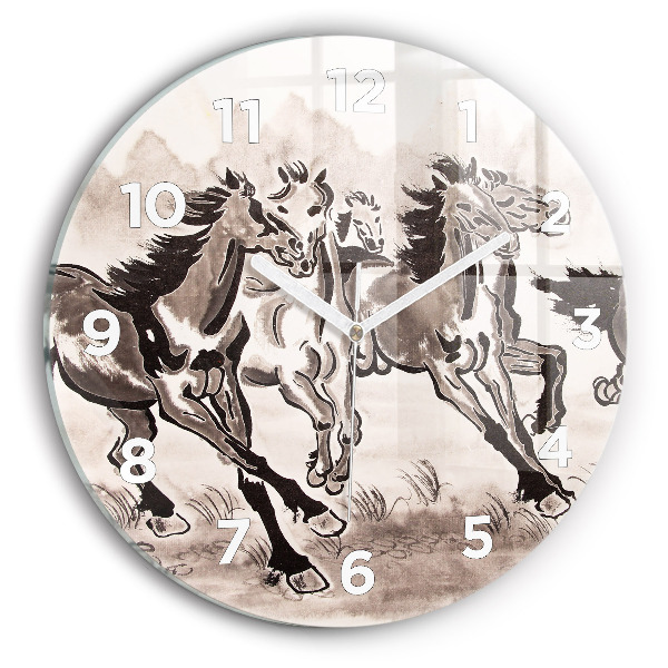 Round glass wall clock Galloping horses