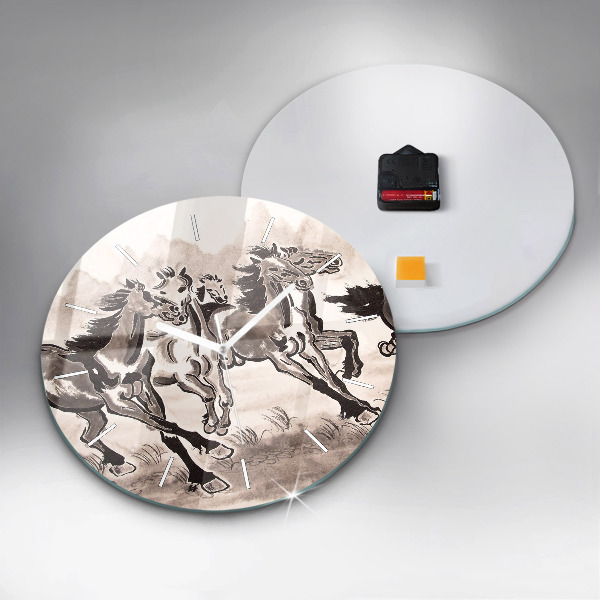 Round glass wall clock Galloping horses