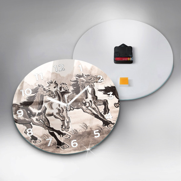 Round glass wall clock Galloping horses
