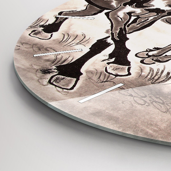Round glass wall clock Galloping horses