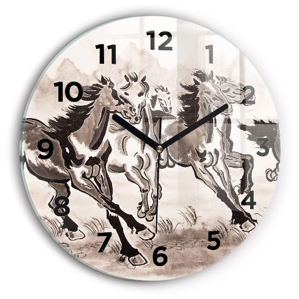 Round glass wall clock Galloping horses