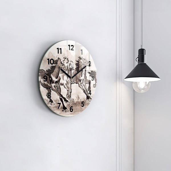 Round glass wall clock Galloping horses
