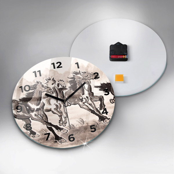 Round glass wall clock Galloping horses