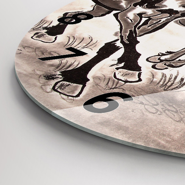 Round glass wall clock Galloping horses