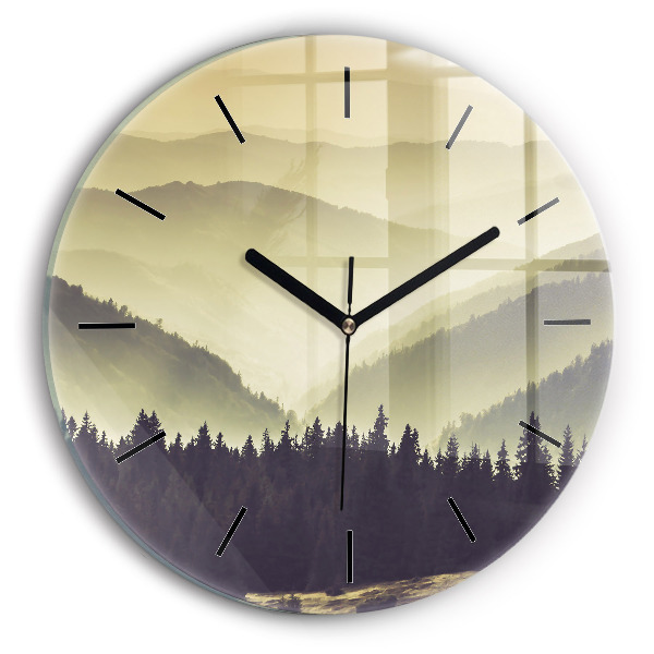 Round glass wall clock Misty mountain slopes