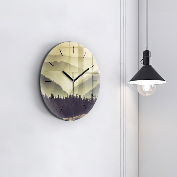 Round glass wall clock Misty mountain slopes