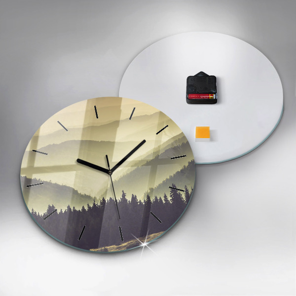 Round glass wall clock Misty mountain slopes