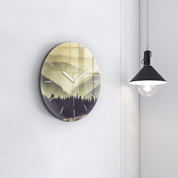 Round glass wall clock Misty mountain slopes