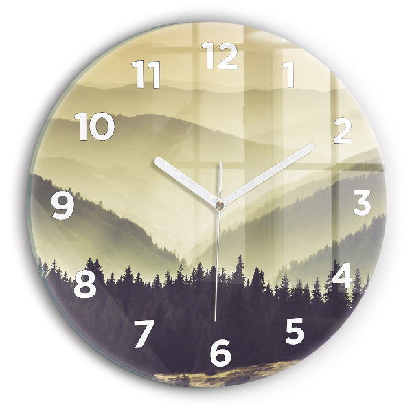 Round glass wall clock Misty mountain slopes