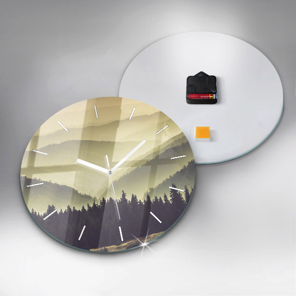 Round glass wall clock Misty mountain slopes