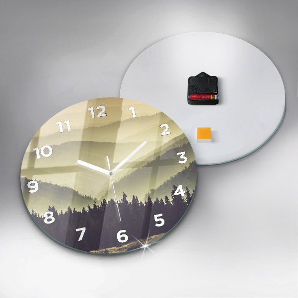 Round glass wall clock Misty mountain slopes