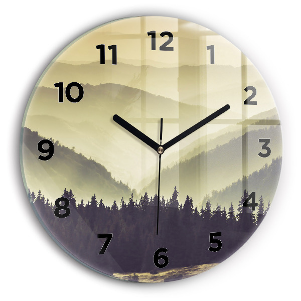Round glass wall clock Misty mountain slopes