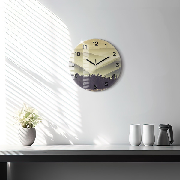 Round glass wall clock Misty mountain slopes