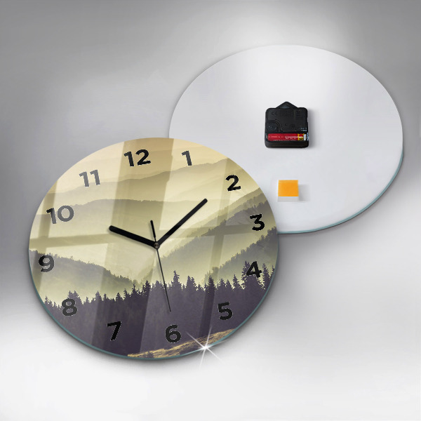 Round glass wall clock Misty mountain slopes