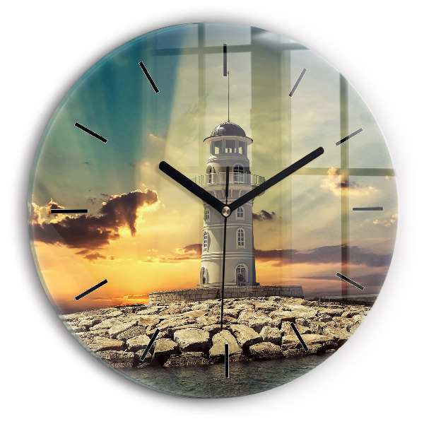 Round glass wall clock Lighthouse on the water
