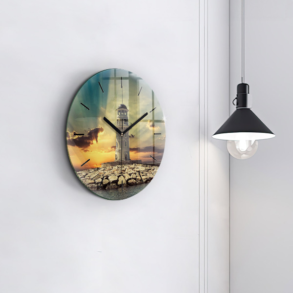 Round glass wall clock Lighthouse on the water