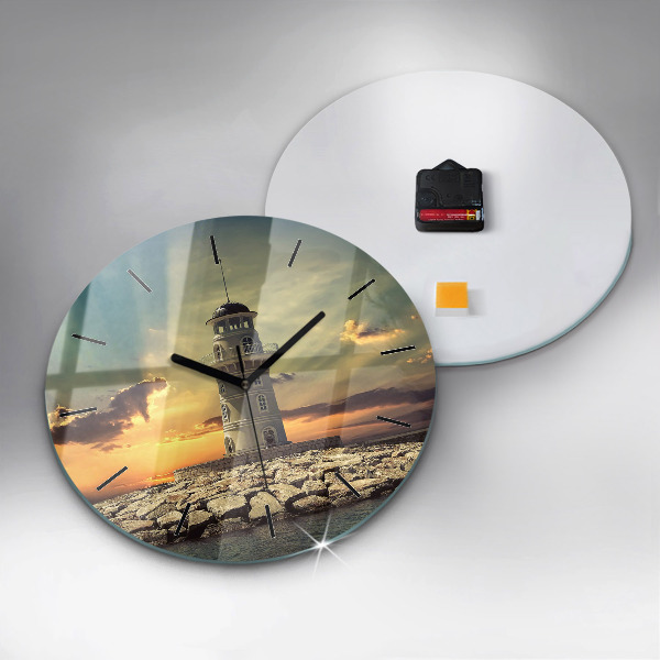 Round glass wall clock Lighthouse on the water