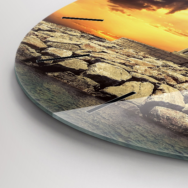 Round glass wall clock Lighthouse on the water
