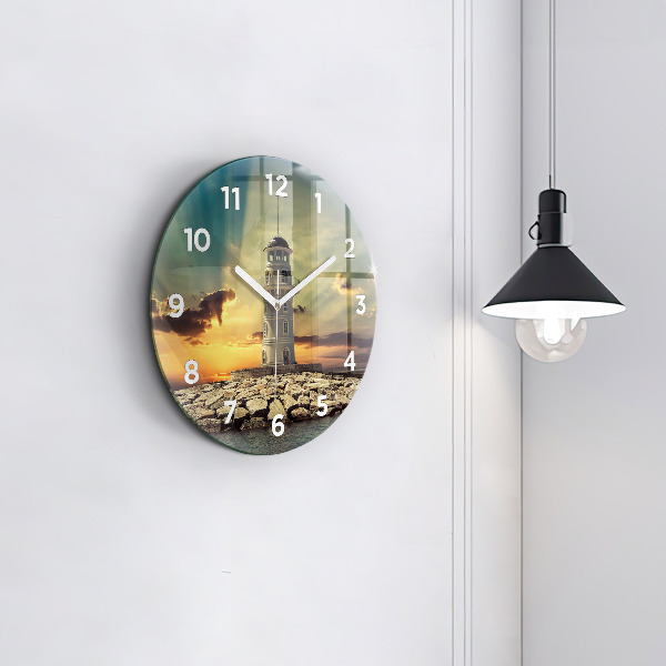 Round glass wall clock Lighthouse on the water