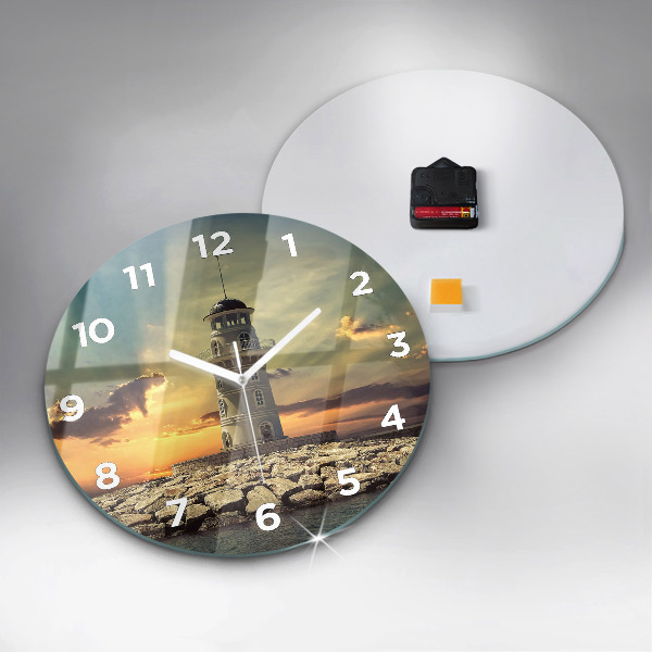 Round glass wall clock Lighthouse on the water