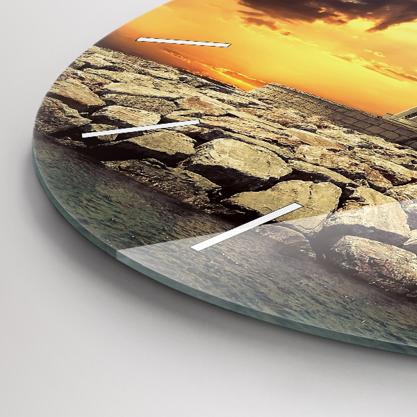 Round glass wall clock Lighthouse on the water