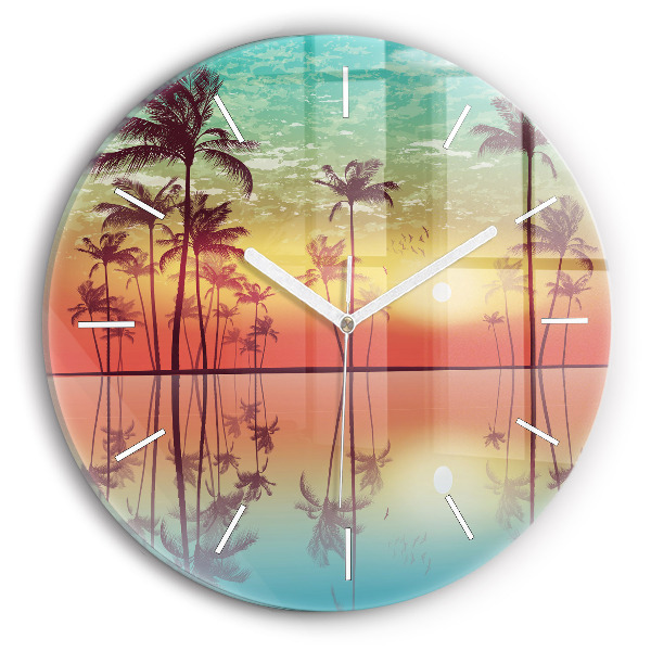 Round glass wall clock Tropical palm trees