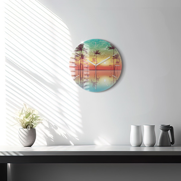 Round glass wall clock Tropical palm trees