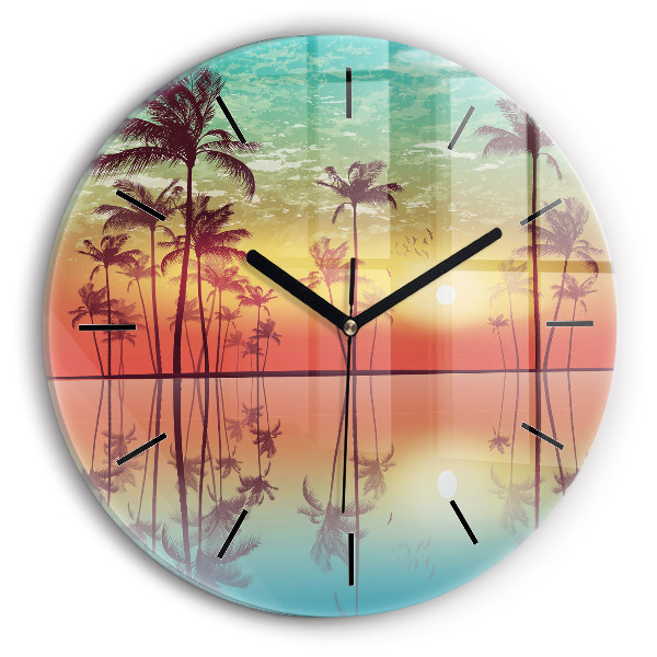 Round glass wall clock Tropical palm trees