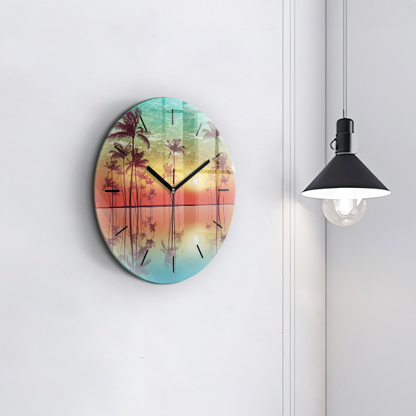 Round glass wall clock Tropical palm trees