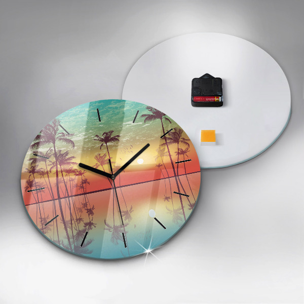 Round glass wall clock Tropical palm trees