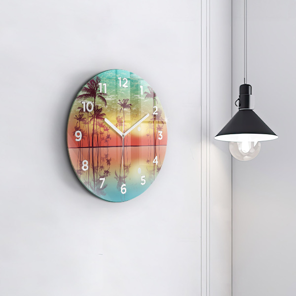 Round glass wall clock Tropical palm trees