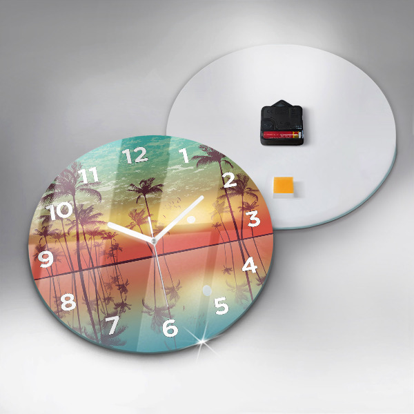 Round glass wall clock Tropical palm trees