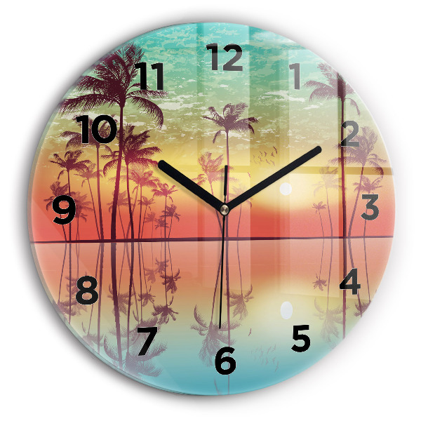 Round glass wall clock Tropical palm trees