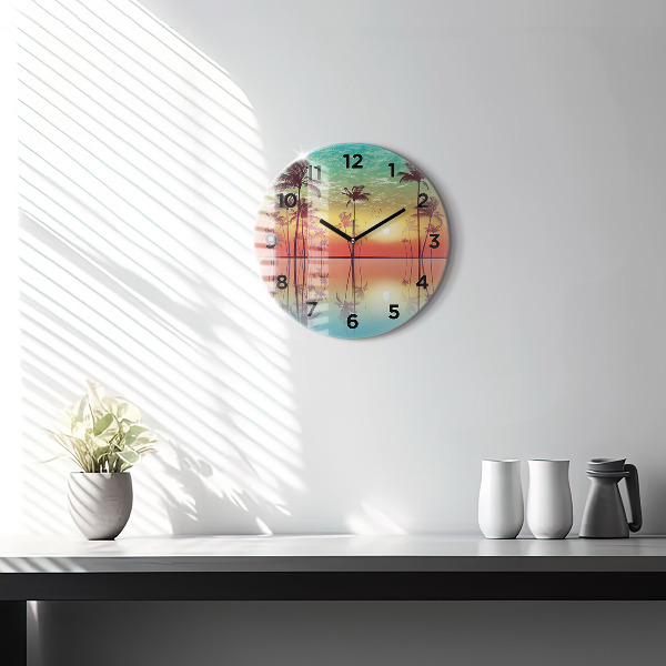 Round glass wall clock Tropical palm trees