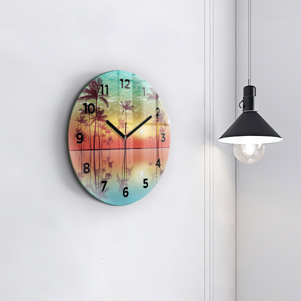 Round glass wall clock Tropical palm trees