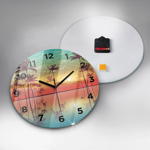 Round glass wall clock Tropical palm trees
