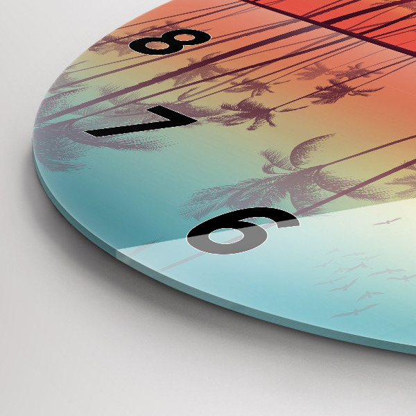 Round glass wall clock Tropical palm trees