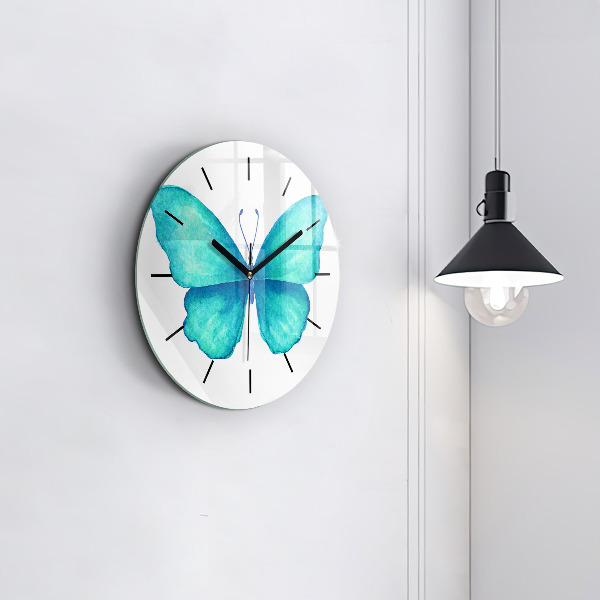 Round glass wall clock Turquoise Summer Butterfly