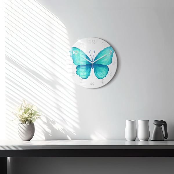 Round glass wall clock Turquoise Summer Butterfly