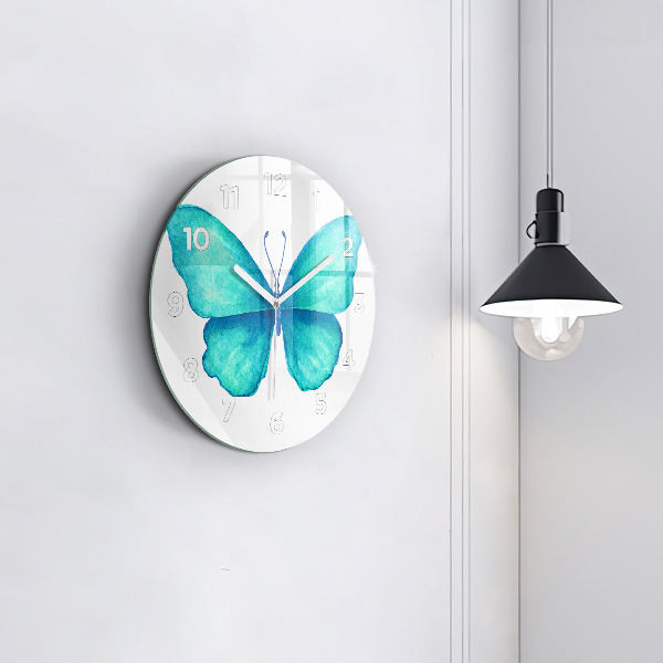 Round glass wall clock Turquoise Summer Butterfly