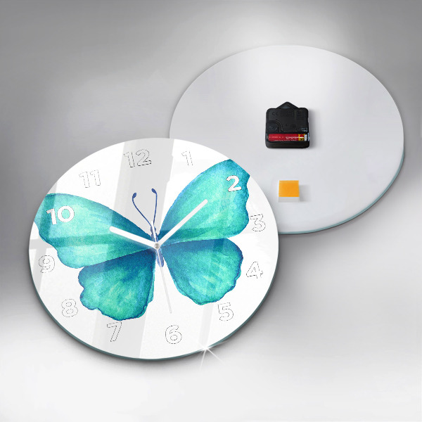 Round glass wall clock Turquoise Summer Butterfly
