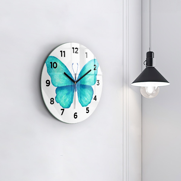 Round glass wall clock Turquoise Summer Butterfly