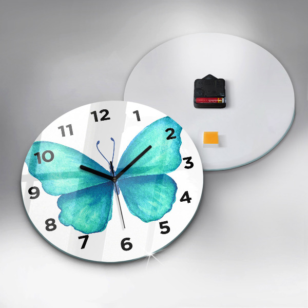 Round glass wall clock Turquoise Summer Butterfly