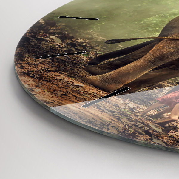Round glass wall clock Children leading an elephant