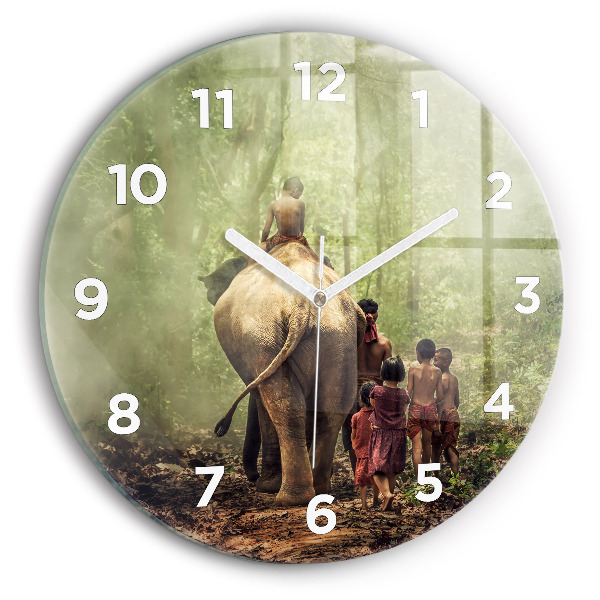 Round glass wall clock Children leading an elephant