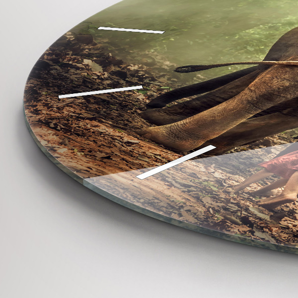 Round glass wall clock Children leading an elephant