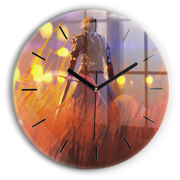 Round glass wall clock Knight with a sword