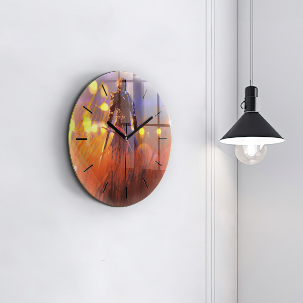 Round glass wall clock Knight with a sword
