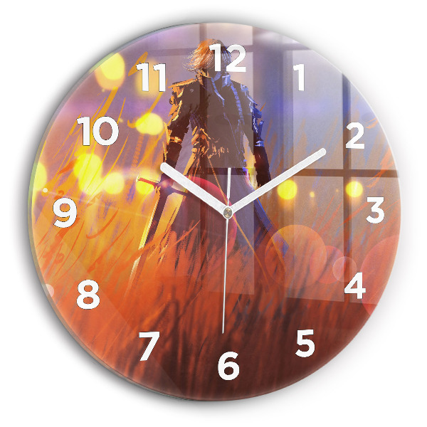 Round glass wall clock Knight with a sword
