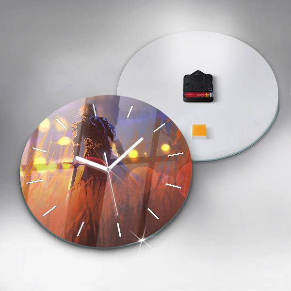 Round glass wall clock Knight with a sword